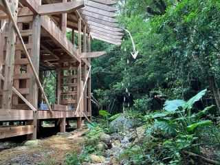 屋久島は今日も恵みの雨。先日も大雨でした。

現在建設中のBanyan Kitchenには、雨樋はありません。

ものすごい雨量なので、樋を使っても収まりきらないこともありますが、どこかに水を集めるというよりは、屋根からそのまま地面に浸透させるようにしています。

なので、この建物はお堂のように深い軒にしています。
まずは建物側で、できるだけ雨水を建物にかけないことで耐久性を確保。

そして軒下には、建物から勾配をつけた低めの場所に、石や植物のある水の道。
建物側に雨水が逆流することなく、その場に浸透しながら敷地の外へと雨水を排水してくれます。排水といいつつ。実際はほぼその場に染み込むのですが。

最後に、作業者の一手間🙌
人が歩くところは藁で養生しています。
実はこれがとても効果的。
雨の後に作業すると、どうしても地面がドロドロになり、足についた泥が建物に持ち込まれます。
建物が汚れるし、泥化で建物周りの水はけも悪くなるので、そういったことを予防。
このちょっとの気遣いが、完成後の建物や周りの空気感の違いにつながります。

安全で守られて、屋久島の雨を豊かに感じるカフェ😊。

@yakushimabanyan 
@batbitim 
@wakuworks.jp 
@mocchumucreate 
@passivedesign_plus 

How them work,
軒 eave
水脈と植物　water path , plants
藁  straw

#屋久島
#尾之間 
#雨と共に暮らす
#建物と雨